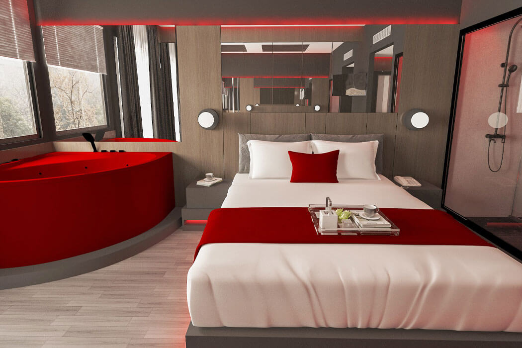 Amon Hotels Belek Adult Only - łóżko małżeńskie w pokoju red